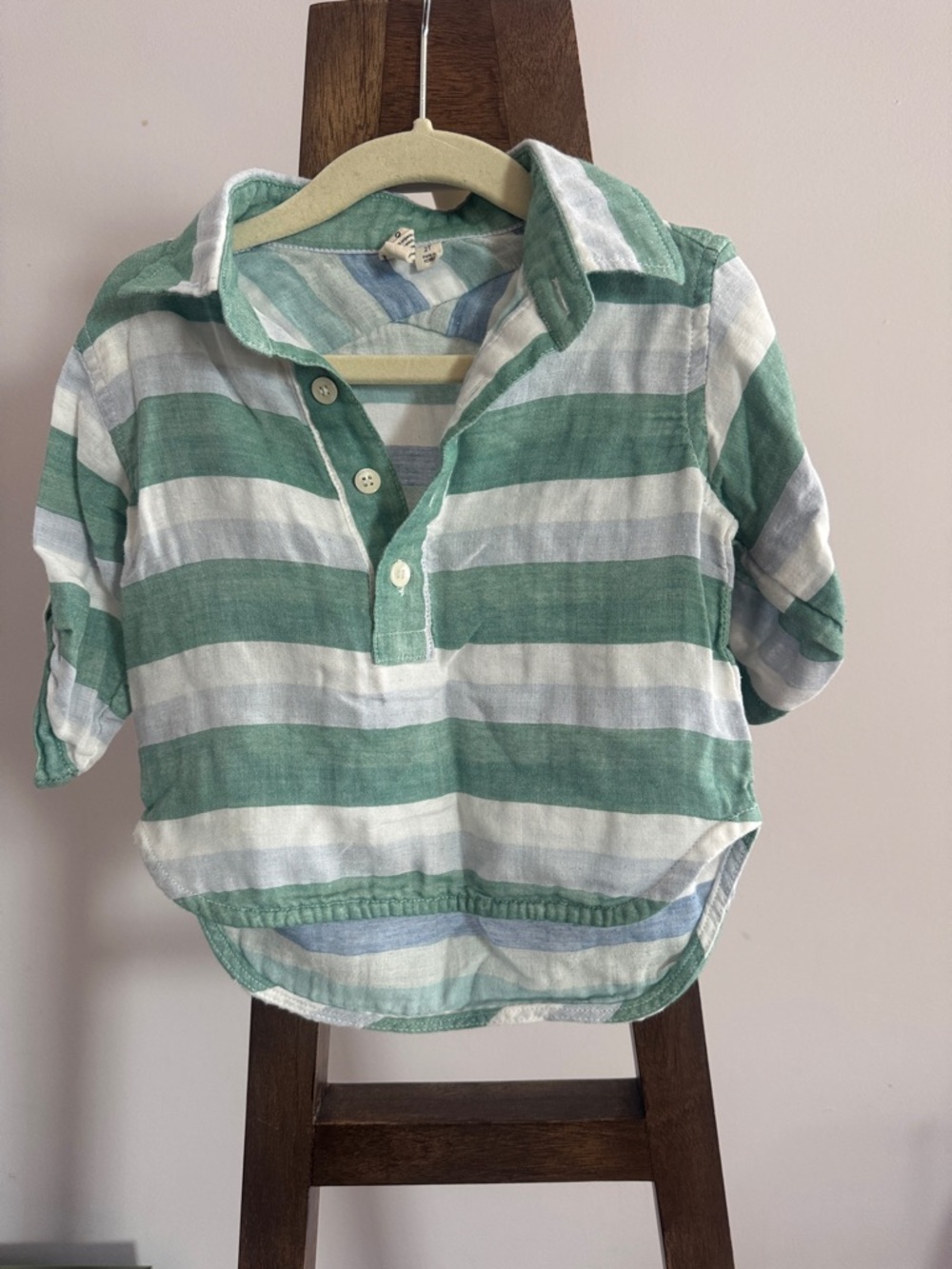 Notch- Kids organic long-Sleeve Striped Polo ShirtGreen & White light summer top